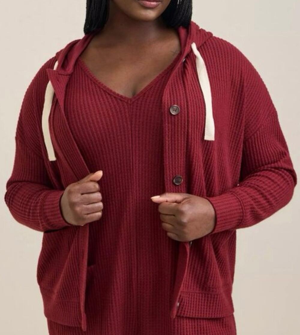 Torrid | Burgundy Red Super Soft Waffle Knit Hooded Cardigan Sweater Large